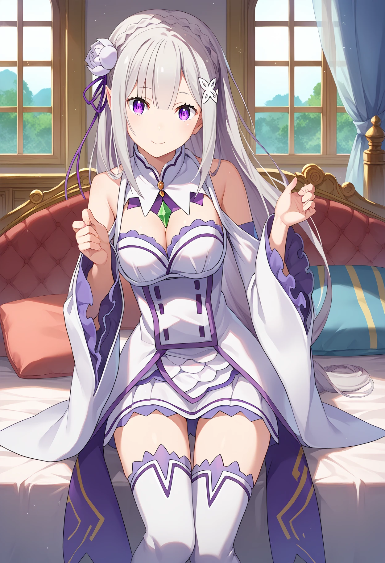 score_9, score_8_up, score_7_up, source_anime,
BREAK
<lora:shiBackgroundV1-000010:1>
scenery,
1girl, solo,
<lora:shiEmiliaV2:1> shimilia, long hair, grey hair, purple eyes, pointy ears, crown braid, hair flower, hair ribbon, purple ribbon, x hair ornament, white dress, cleavage, bare shoulders, wide sleeves, white thighhighs, thigh boots,
indoors, bed,
looking at viewer, happy, smile, head tilt,