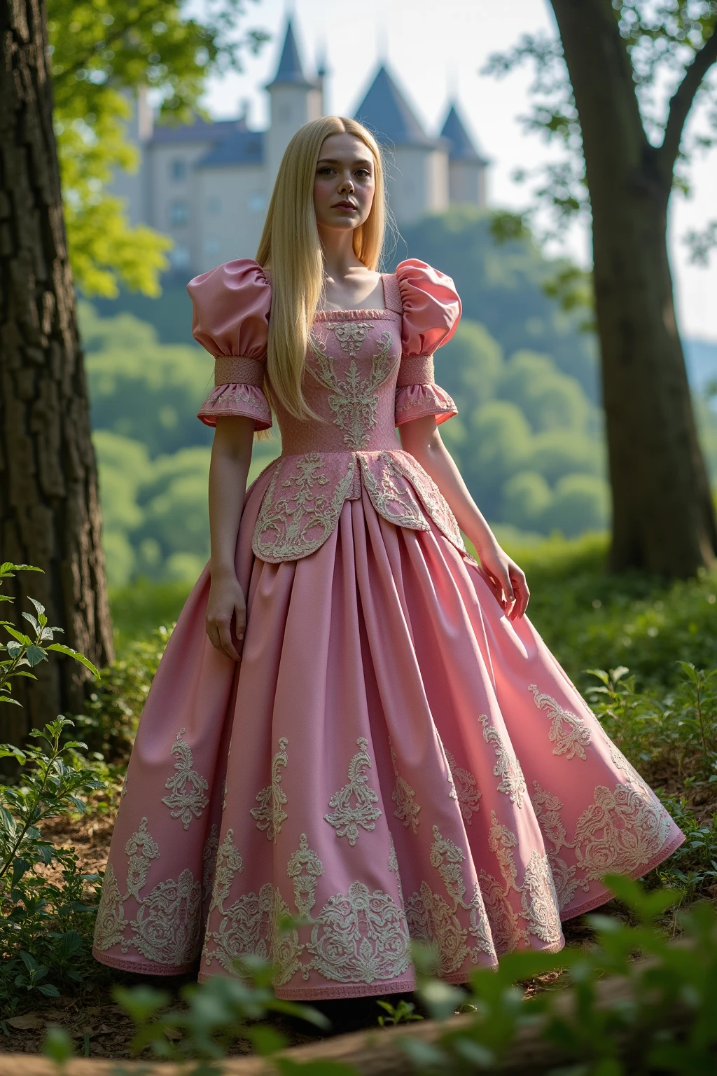 ElleFanning lost in a forest in a pink fairytale dress, with a castle in the background