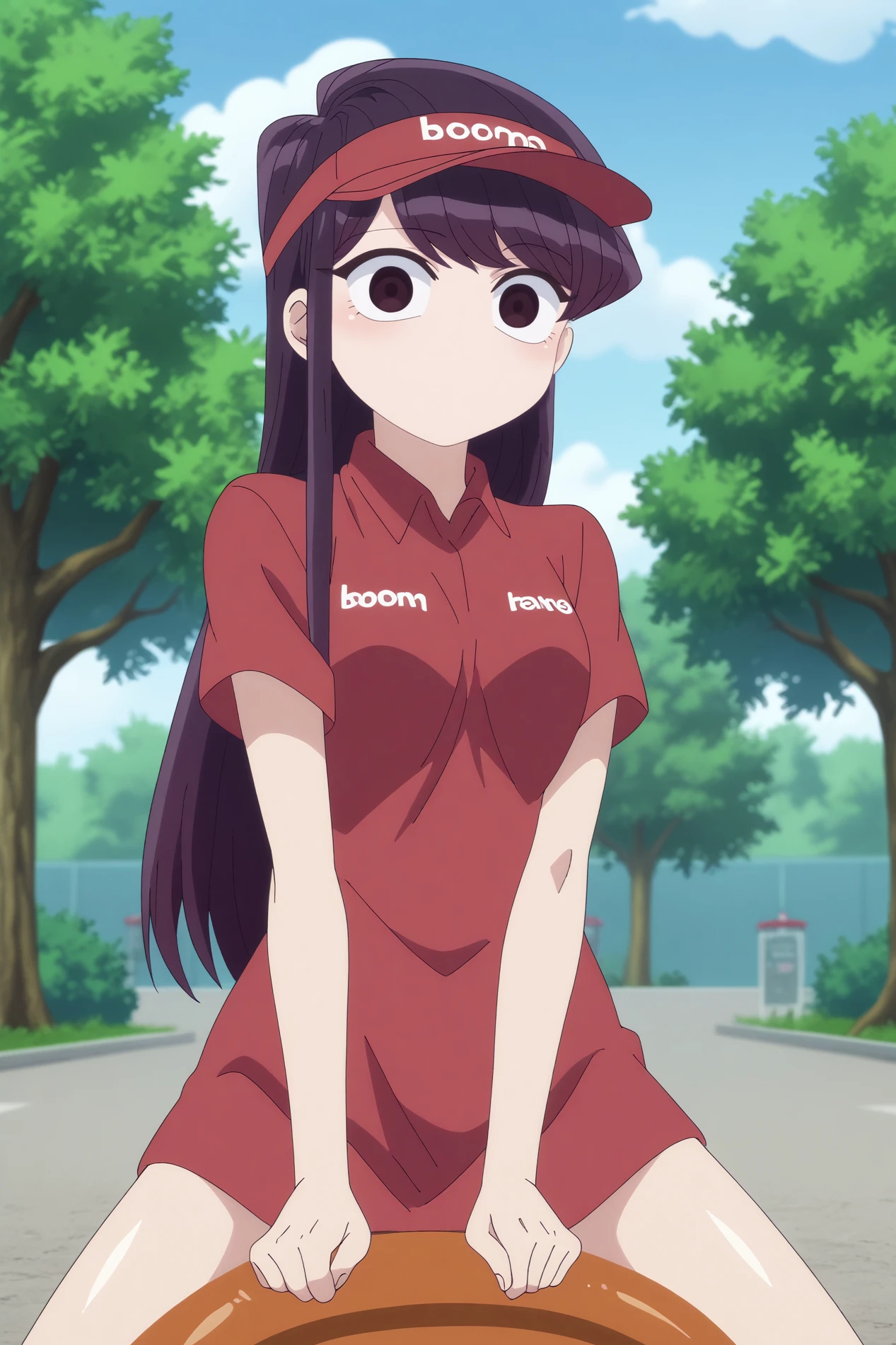 komi shouko,1girl,solo,long hair,looking at viewer,employee uniform,black hair,bangs,visor cap,light smile
BREAK
outdoors,school yard,school_building,tree
<lora:Komi_Shouko_-_Komi-san_wa_Komyushou_Desu.safetensors:0.8>