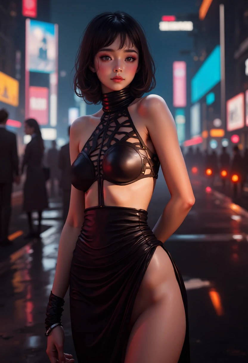 (P41nt4n1m3 style), a stylish woman at a fashion gala in a dark dystopian future at night