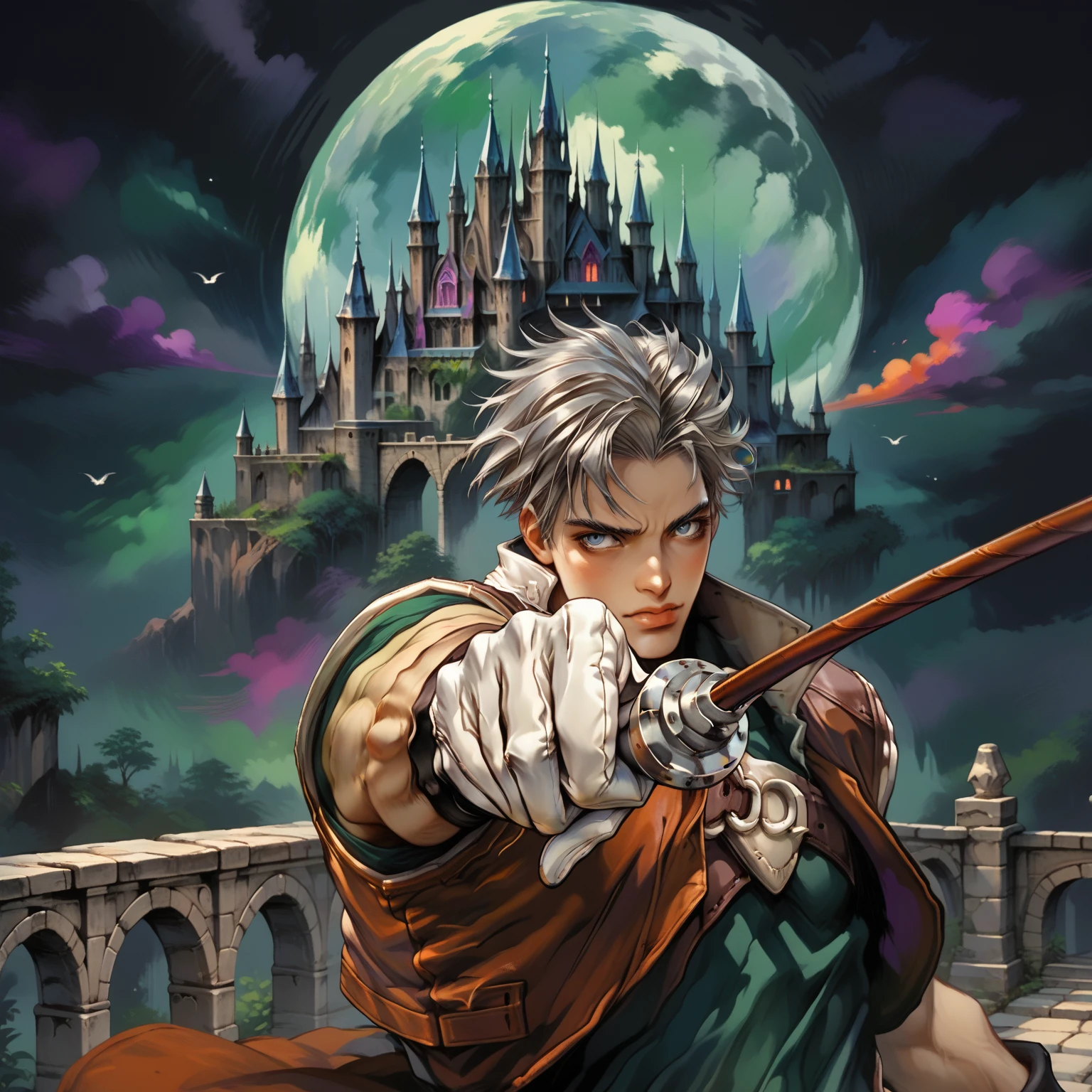 score_9, score_8_up, score_7_up, score_6_up, score_5_up, score_4_up, csdb, castle background, stone bridge, bright moon, colorful cloudy skies ,natgra, gray eyes, short hair, silver hair, steel greaves, plated footwear, brown skirt, black pants, green shirt, brown leather vest, silver belts, white gloves, silver chest plate, holding whip (weapon)