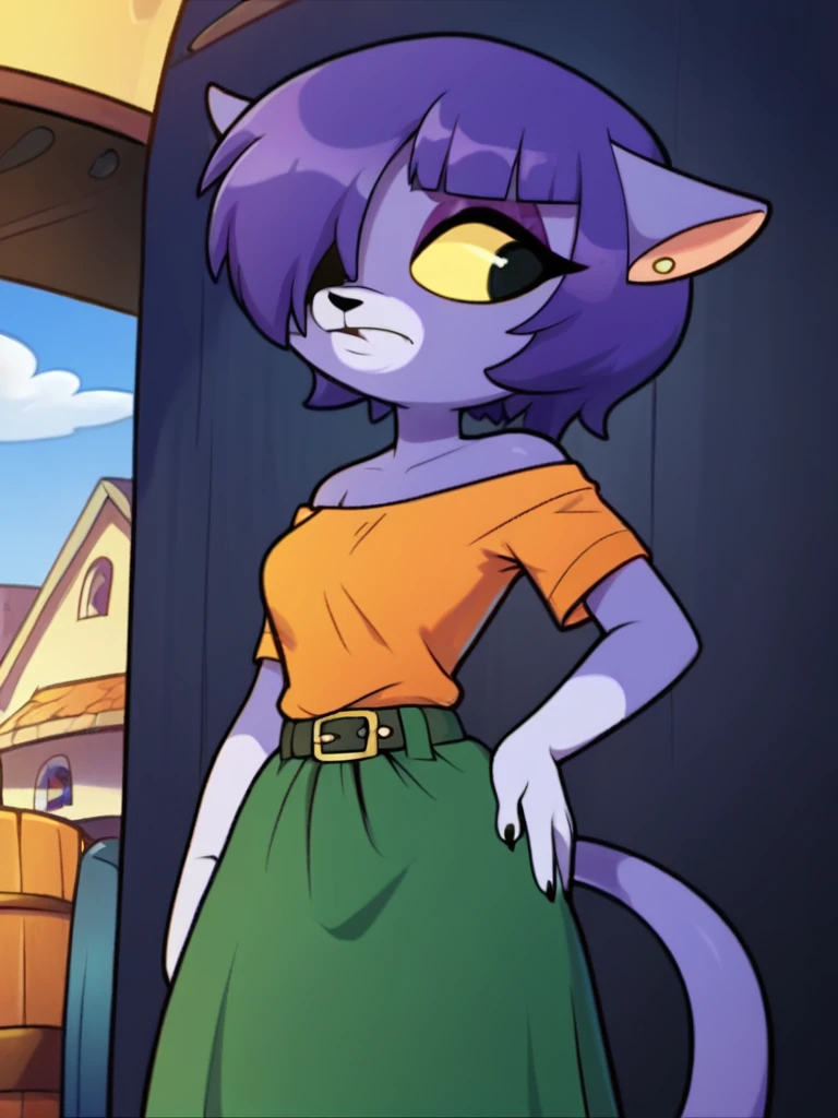 score_9, score_8_up, score_7_up, score_6_up, score_5_up, score_4_up, source_furry, solo, anthro feline, Elvira_Bunnicula, black eyes, yellow sclera, orange blouse, green skirt, earrings, belt, purple hair, short hair, bangs, hair over one eye, detailed face, detailed eyes <lora:elvira-v1:1>