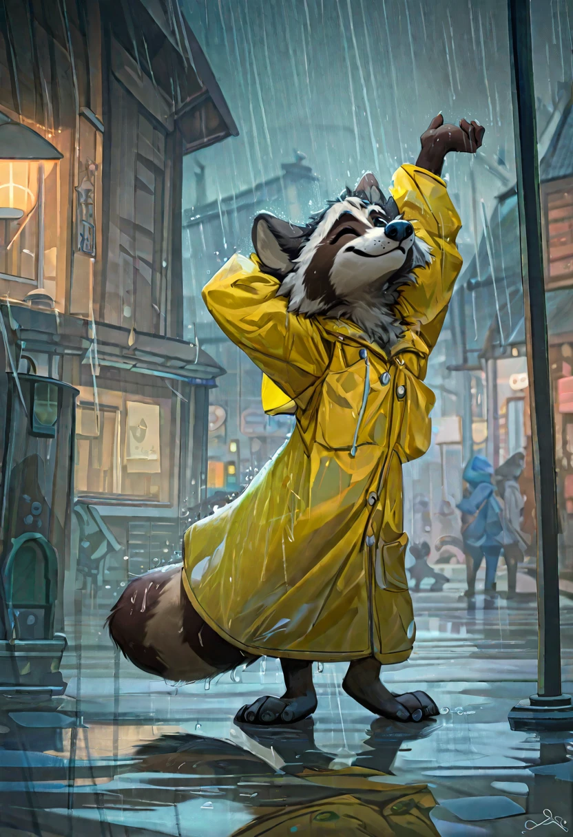 score_9_up,score_8_up,score_7_up,score_6_up,score_5_up, digital_media_(artwork), best quality,(raccoon:1.1), (dancing in rain:1.25),  yellowraincoat, rainy, street lamp, night, town, celebratory, detailed background,  happy, wet, looking up, one eye closed, 
<lora:Jacato_-_Art_Style-000007:1.5>,