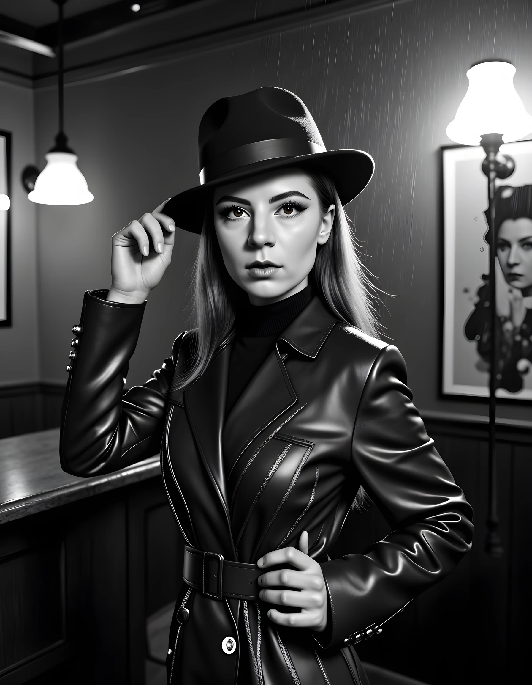 Photo of an actress dressed as Italian Mafiosos in pin striped suit smoking a cigar, closeup, <lora:jenortega_xl_1_standard-merge3_15_36_6_05_03_02:1.1>, dark brown eyes