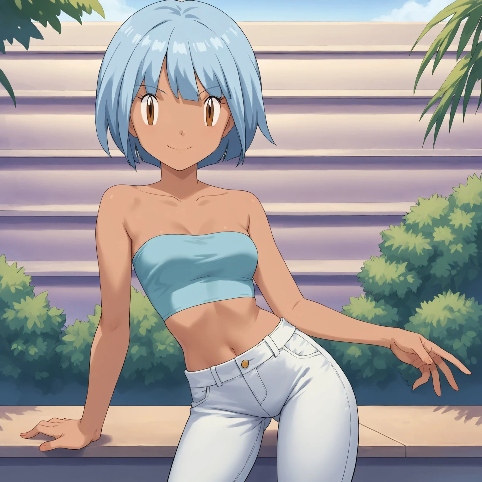 score_9, score_8_up, score_7_up, girl, outdoor,  
  looking at viewer, smile, closed mouth, wide smile tube top, white jeans, posing, pokemon,pokemon \(anime\),
short hair, blue hair, brown eyes, dark-skinned female, 