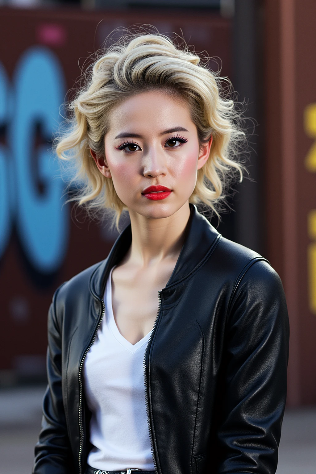 half-body painting of a woman, stylized portrait, contemporary art.

short blonde hair, curled, bright red lips, dark eyeliner, subtle blush.

black leather jacket, white t-shirt, silver bracelet.

standing, arms crossed, serious expression, in front of a graffiti wall, daytime.

bold colors, strong contrast, dramatic lighting, expressive, avant-garde, vibrant, gallery-quality.