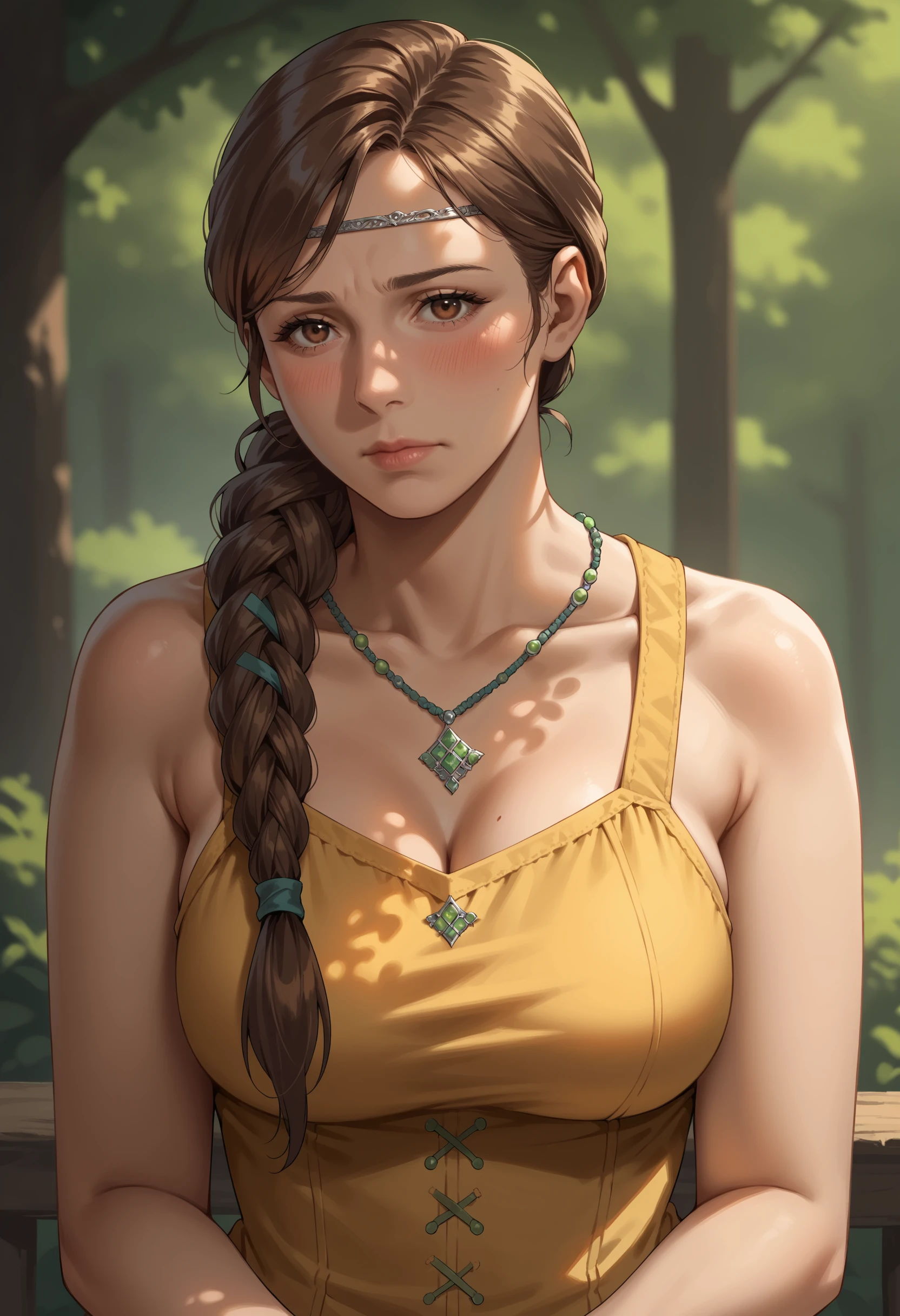 score_9, score_8_up, score_7_up, score_6_up, score_5_up, score_4_up, 1girl, <lora:BeatricePTR:0.7> breasts, mature woman, brown hair, long hair, braid, brown eyes, single braid, hair over shoulder, necklace, circlet, yellow dress, wearing a dress, bare arms, bare shoulders, upper body, looking at viewer, bedroom eyes, embarrassed, blush, armpit,
forest background,