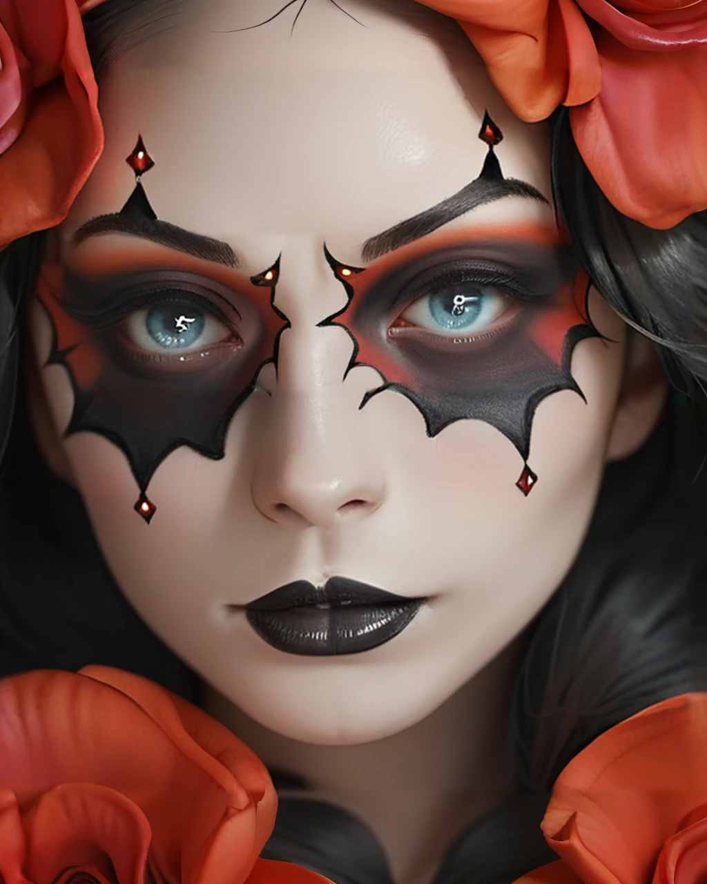 score_9_up, score_8_up, score_7_up, halloween makeup, 1girl, solo, flower, hair flower, makeup, portrait, hair ornament, looking at viewer, red flower, black lips, lipstick, blue eyes, close-up, black hair, eye focus, rose, <lora:NeoNi_HMUP:0.8>