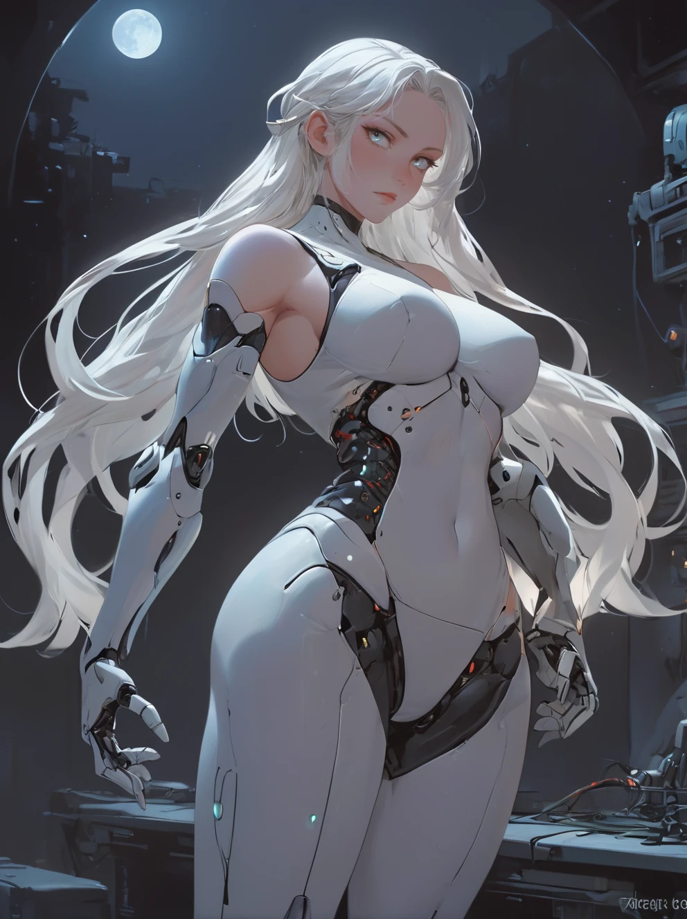 ,donmenshiji,score_9,score_8_up,score_7_up,score_6_up,a woman,robot girl,robot arms,robot legs,perfect cute face,perfect beautiful face,long hair,glowing white eyes,large breasts,squeezing breasts together,seductive,sexy pose,narrow waist,wide hips,dynamic angle,ultraHD,ultrarealistic,nightime,moonlight,futuristic,Expressiveh,taotail,still life,<lora:Dmshiji-wwm:0.8>