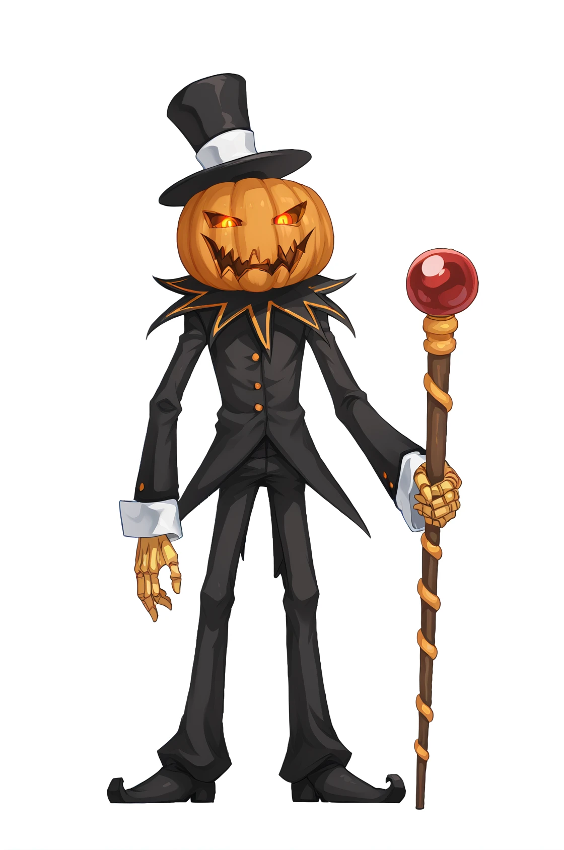 jakkRo, top hat, pumpkin head, black pants, glowing eyes, suit, long sleeves, no human, 
holding staff, solo,
standing, full  body, looking at viewer,
white background,
<lora:jakkRoPonyV1.2-000006:0.95>