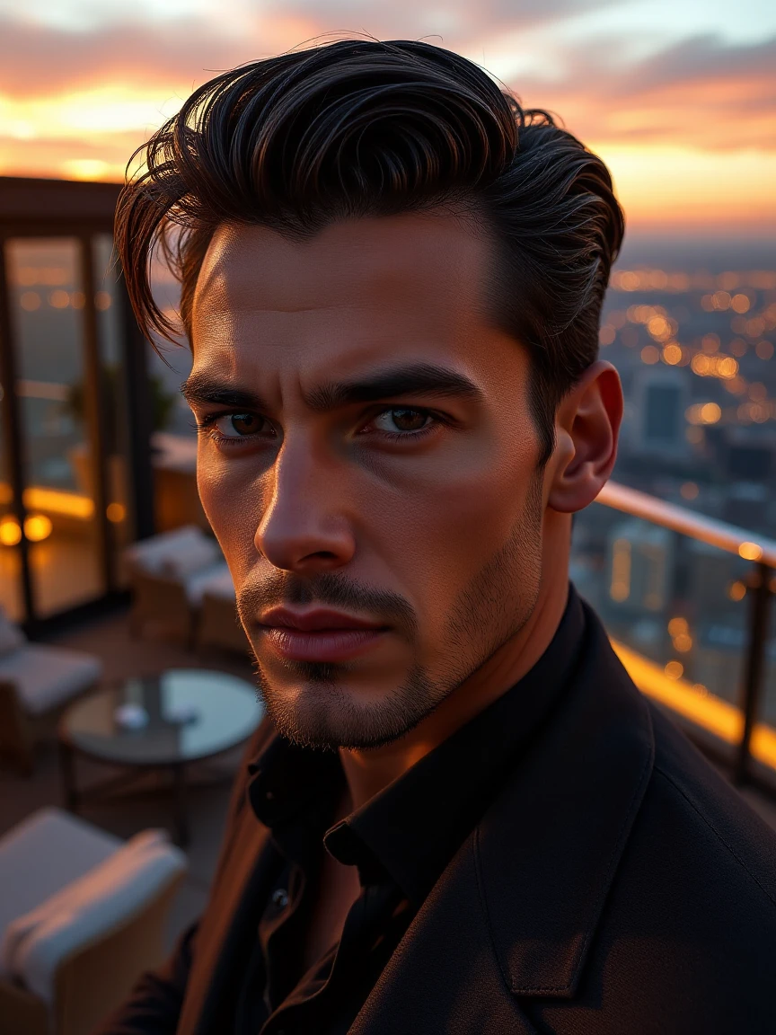 Cinematic closeup of Anibal, his face bathed in the soft, golden light of an elegant rooftop at sunset. His flawless skin glows under the ambient light, and his sharp features—high cheekbones and a defined jawline—are framed by his perfectly styled hair. His dark, intense eyes reflect the deep oranges and purples of the sky behind him. The rooftop scene is filled with luxurious touches—modern glass architecture, plush seating, and twinkling city lights far below. His designer outfit blends seamlessly with the high-end setting, creating a sophisticated, mesmerizing image.

