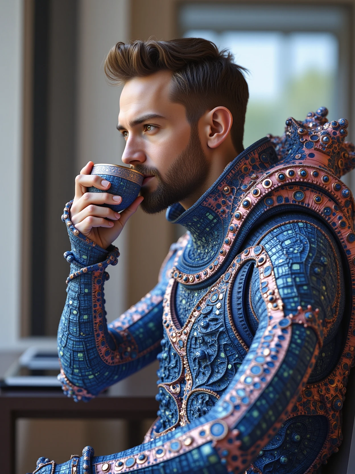 acidpolypite,a young-handsome man sitting in office,with the coil-like armor in blue&pink colour,drinking coffee