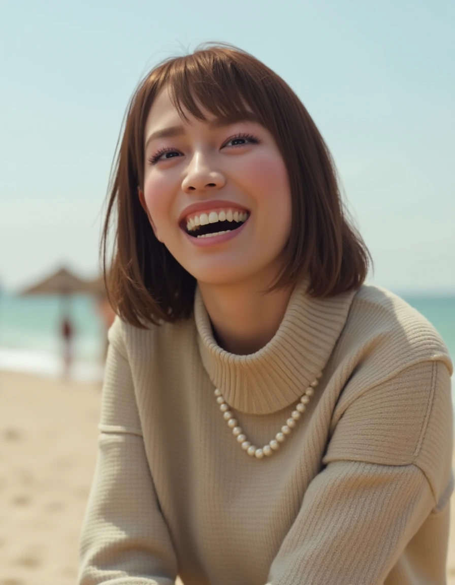 Upper body photo of skmkd laughing. She is wearing a pearl necklace and beige turtleneck sweater. The background implies a tropical beach at daytime. <lora:Saeko_Mukoda_-_Flux-000001:1>