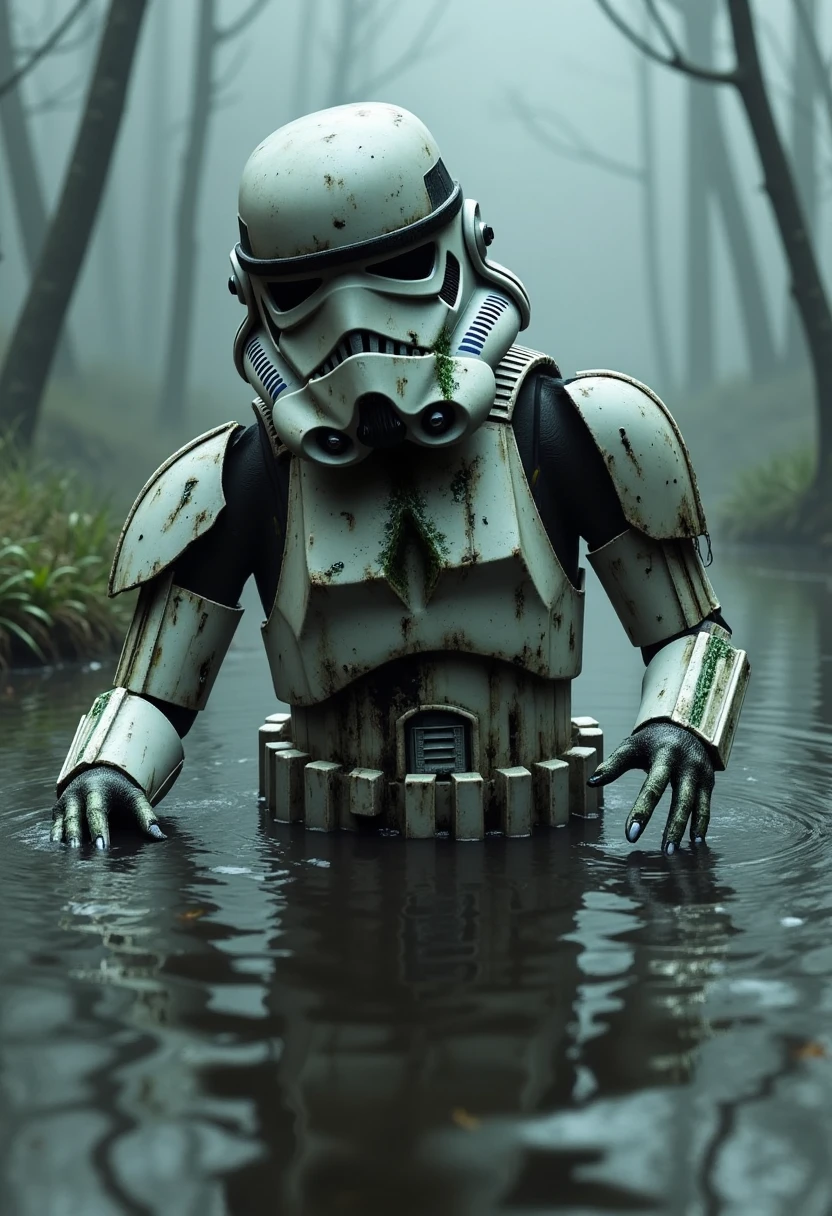 Imagine an image in the style of cinematic photorealism. A single zombie Stormtrooper, partially submerged in a swamp, pulls itself out of the murky water. Algae and grime cling to its armor, and water drips from its skeletal fingers. The air is thick with mist, and eerie shadows move in the water behind it, suggesting something far more sinister awaits.