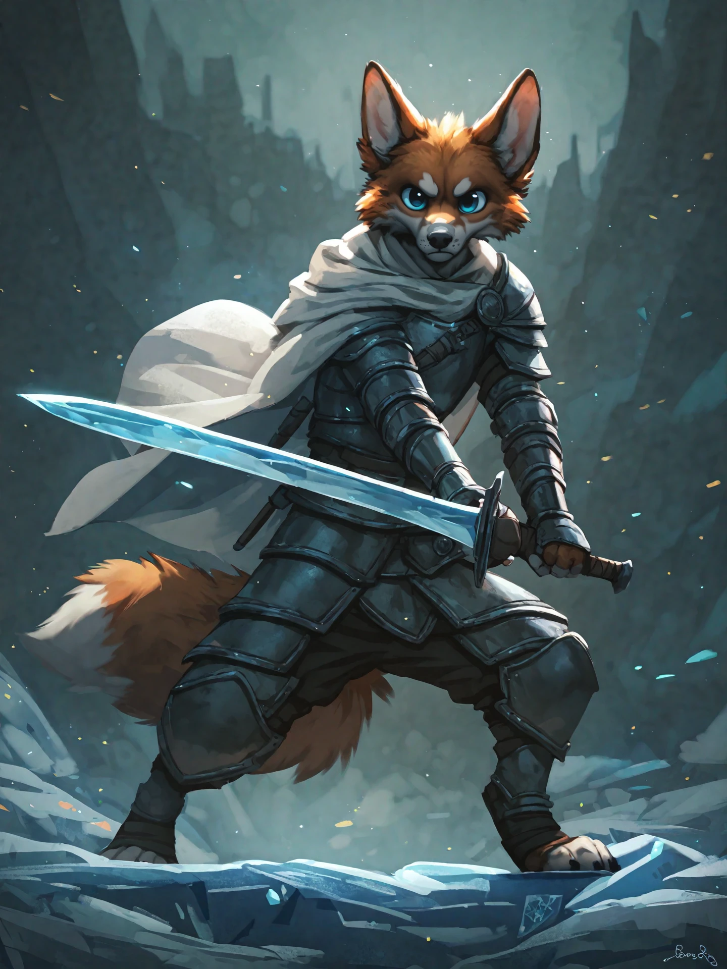 score_9_up,score_8_up,score_7_up,score_6_up,score_5_up,
BREAK
anthro , canine, male, young adult, orange fur, blue eyes, white muzzle, fluffy tail, determined expression, warrior, armor, white cloak, holding sword, standing pose, detailed fur, fantasy setting, high quality, full body shot,night, ice land
 <lora:Jacato_-_Art_Style-000007:1>,