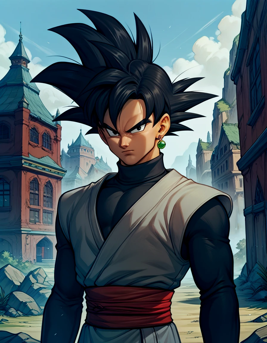 zPDXL3, score_9, score_8_up, score_7_up, score_6_up, score_5_up, score_4_up, highres, incredibly absurdres, highly detailed, outdoors, closed mouth, 1boy, solo, <lora:Goku_Black:0.6> goku black, black hair, spiked hair, black eyes, single earring, grey dogi, long sleeves, black turtleneck sweater, red sash, black pants