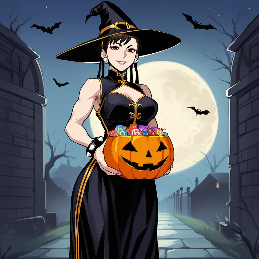 score_9, score_8_up, score_7_up, score_6_up, score_5_up, score_4_up, zPDXL2,source_anime,rating_questionable,solo, 1girl, chun-li, black dress, witch hat, smile, Halloween costume, <lora:Halloween_Bucket:0.8> h4llbck, halloween bucket, looking at viewer, holding, candy, outdoors, night time, moon