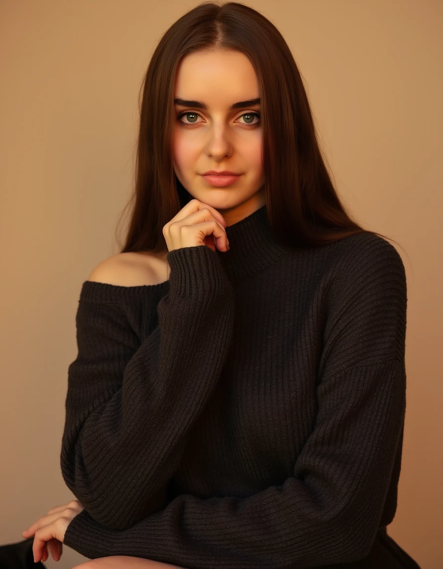high angle photo of a gorgeous young woman in the style of stefan kostic, realistic skin texture, looks up,black sweatshirt, 1 / 2 body crop, 8 5 mm art lens, f 1. 2, sharp focus, 8 k high definition, insanely detailed, intricate, elegant, art by stanley lau and artgerm