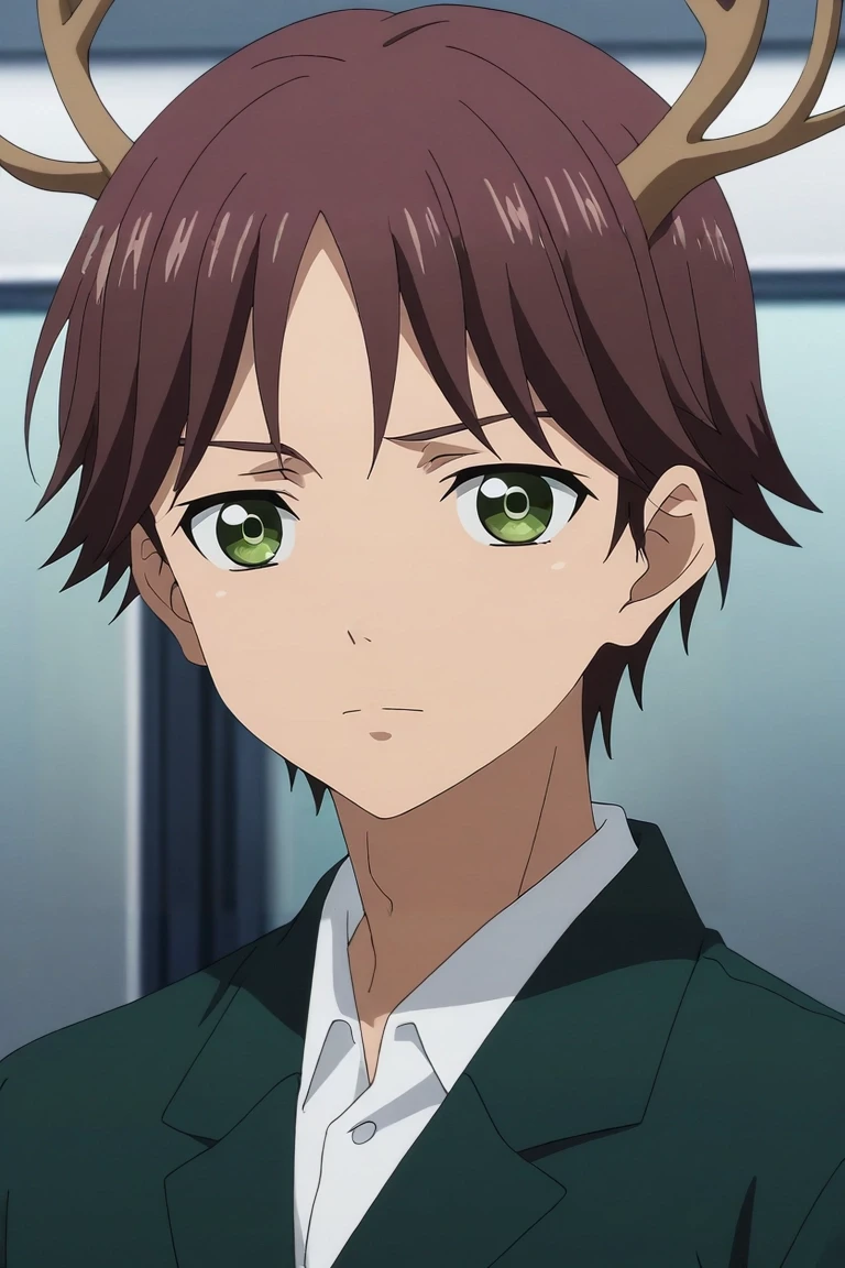 score_9, score_8_up, score_7_up, source_anime, rating_safe, intricate details, anime screencap, anime coloring, , looking at viewer, , 1boy, solo, male focus, <lora:tasuku_yamane_pony:0.82>, tasuku_yamane, brown hair, green eyes, short hair, , deer costume, <lora:sdxl_lightning_8step_lora:1>