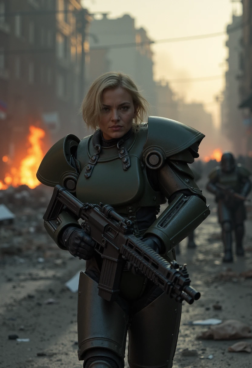 Imagine an image in the style of dramatic cinematic photorealism: A blonde woman with short hear wearing T51 power armor moves through a war-torn city street, surrounded by crumbling buildings and rubble. Its shoulder-mounted light cuts through the dust-filled air, illuminating the shadows of fallen soldiers. In the background, fires burn and smoke rises into the twilight sky, painting a picture of utter devastation.  She's holding a portable gatling gun in both hands, and has a fierce expression on her face.