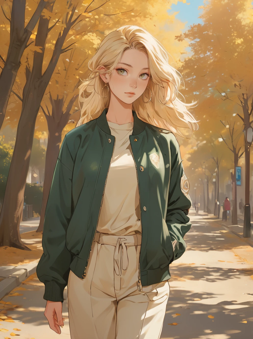 ,donmenshiji,The image depicts a stylish young woman walking outdoors,framed by a warm,autumnal background with golden leaves and sunlight filtering through trees. She has long,flowing blonde hair,and is dressed in a fashionable ensemble. She wears a green varsity jacket over a beige top,paired with a short,hoop earrings,resembling anime-inspired or semi-realistic digital painting,with soft shading and warm,taotail,still life,<lora:Dmshiji-wwm:0.8>