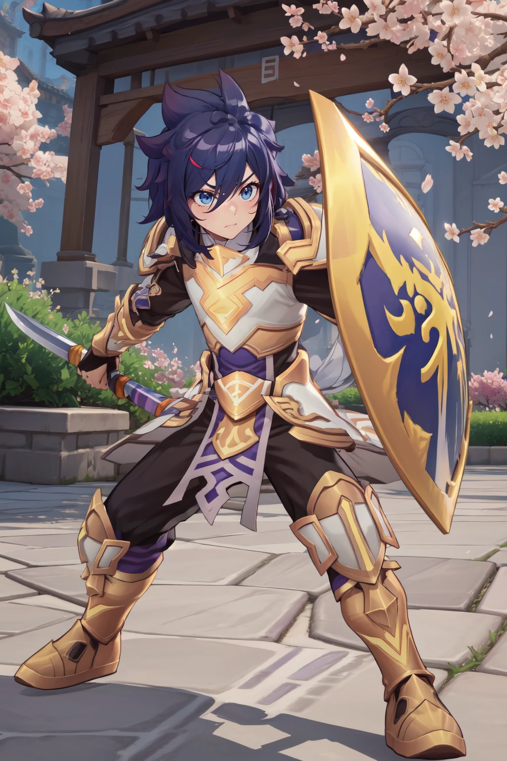 rom_da,
(masterpiece, best quality, beautiful and aesthetic:1.3),
1boy, male focus, solo, full body, holding weapon, holding shield, fighting stance looking at viewer, cherry blossoms, Blush of dawn theme, vivid colors, tranquil and magical atmosphere, light rays, tyndall effect,
shiny skin, beautiful face, beautiful eyes, extreme detailed, official art, professional illustration, hires,
<lora:rom_da-10:0.8>, <lora:add_detail:0.5>,