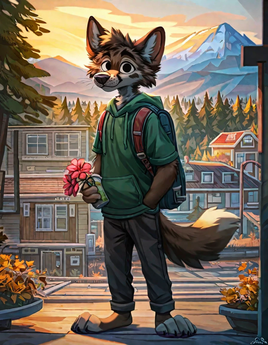 score_9, score_8_up, score_8, blotch, 
(close-up:1.2), 4_fingers, 4_toes, pastoral dog,  amazing_background, anthro, backpack, beverage, blurred_foreground, brown_fur, bunsen, canid, canis, cheek_tuft, city, clothed, clothing, detailed_background, digital_media_\(artwork\), duo, eyebrows, feet, felid, flashlight, flower, forest, fully_clothed, fur, gas_pump, green_topwear, grey_clothing, grey_fur, half-closed_eyes, hand_in_pocket, head_markings, head_tuft, holding_flower_pot, holding_object, hoodie, house, inner_ear_fluff, inside, jacato, light, looking_at_viewer, mountain, number, outside, pantherine, planted_leg, plantigrade, procyonid, purple_clothing, shadow, signature, snacks, solo, standing, sunset, t-shirt, tail, text, toes, topwear, trio, tuft, vehicle, whisker_spots, 
 <lora:Jacato_-_Art_Style-000007:1>,