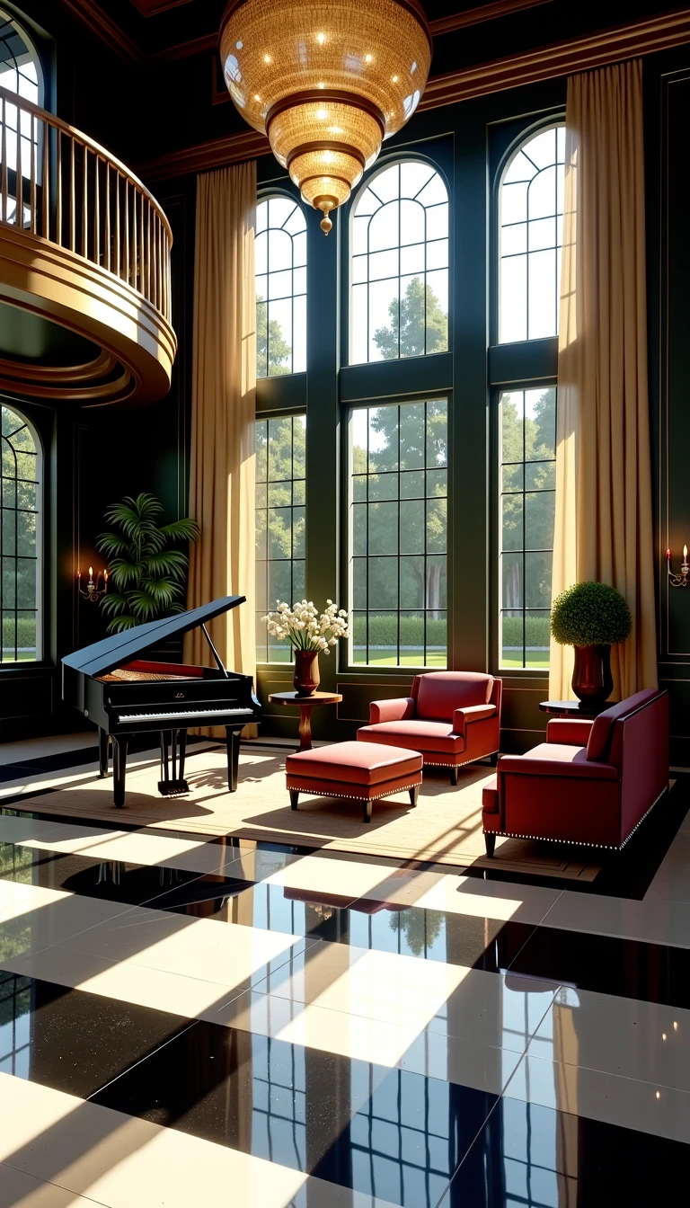 A lavish 1920s art deco mansion interior, with gleaming black and white tiled floors, gold accents on the railings, and geometric light fixtures hanging from the ceiling. The living room is dominated by a grand piano, with plush velvet furniture and tall, wide windows looking out onto manicured gardens.  <lora:Everly Heights Retro Cel-Frame FLUX:1>