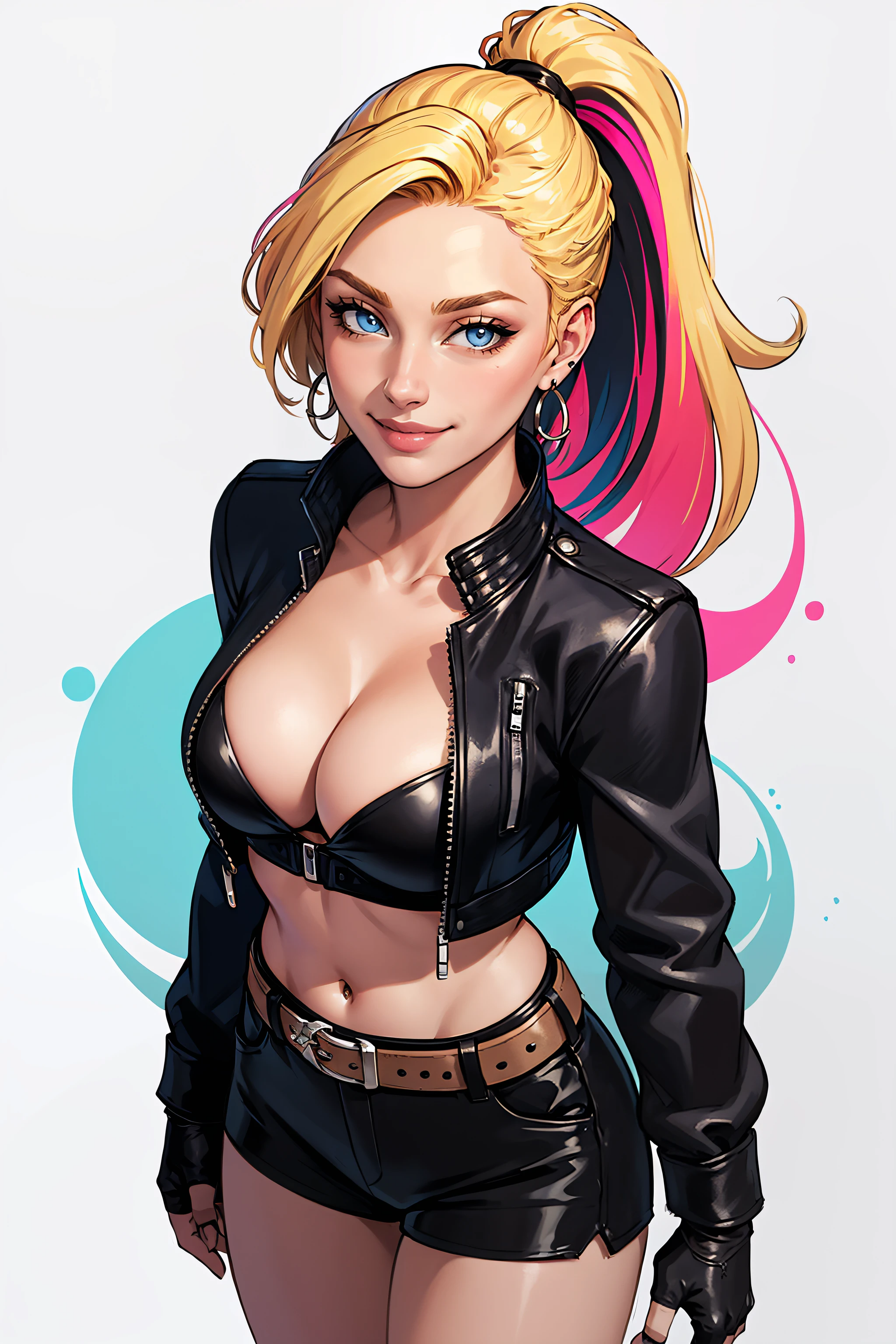 (masterpiece, highest quality, illustration), cowboy shot, smile, sultry, woman, solo, (blonde hair, multicolored hair), ponytail, blue eyes, small breasts, jewelry, fingerless gloves, earrings, open leather jacket, crop top, black shorts, belt, midriff, (cleavage:1.6), facing the viewer, standing, from above, colorful background, abstract