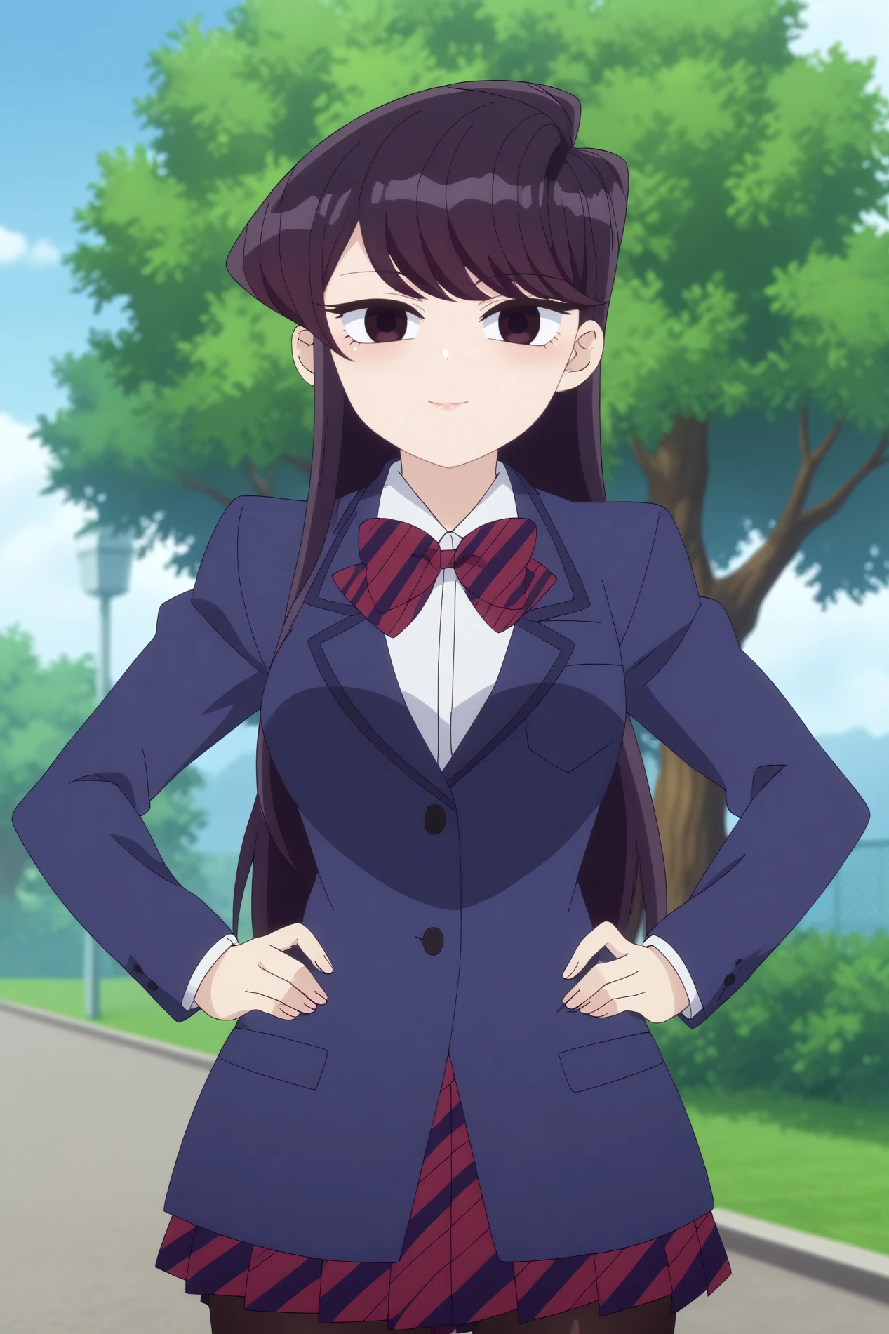  komi shouko,1girl,solo,long hair,looking at viewer,pantyhose, jacket,school uniform,black hair,bangs,bow,bowtie,striped clothes,light smile BREAK outdoors,school yard,school_building,tree   Standing with hands on hips,  <lora:Komi_Shouko_-_Komi-san_wa_Komyushou_Desu.safetensors:0.8>