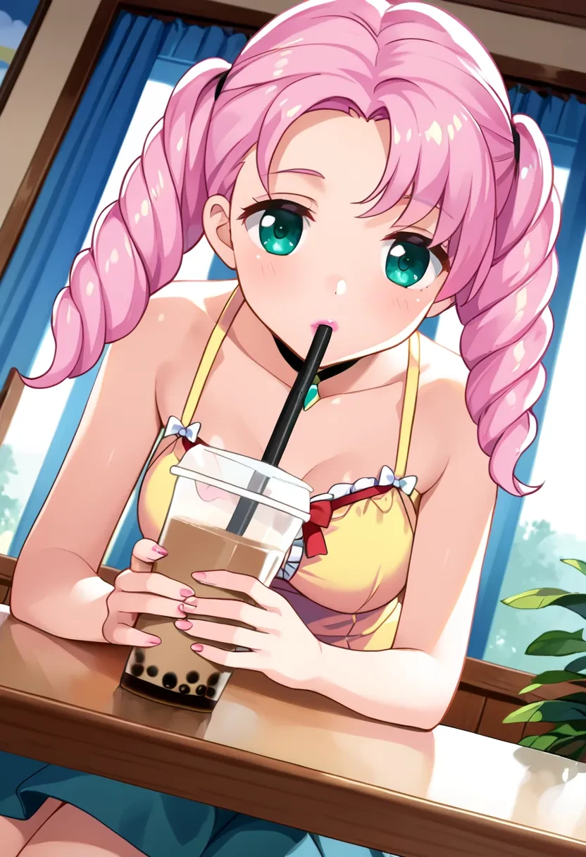 score_9, score_8_up, score_7_up, score_6_up,
masterpiece,

1girl, solo,

Marianne, pink lipstick, pink hair, drill hair, long hair, green eyes,

small breasts,

bubble tea challenge, bubble tea, object on breast, drinking straw, drinking straw in mouth, drinking, cup,, indoors, sitting, looking down, cowboy shot, dutch angle