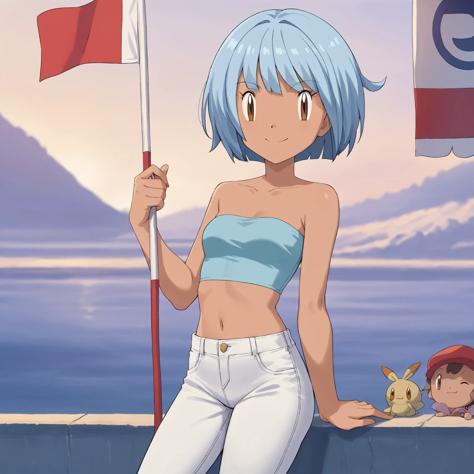 score_9, score_8_up, score_7_up, girl, outdoor,  
  looking at viewer, smile, closed mouth, wide smile tube top, white jeans, posing, pokemon,pokemon \(anime\),
short hair, blue hair, brown eyes, dark-skinned female, refereeing, holding flags,