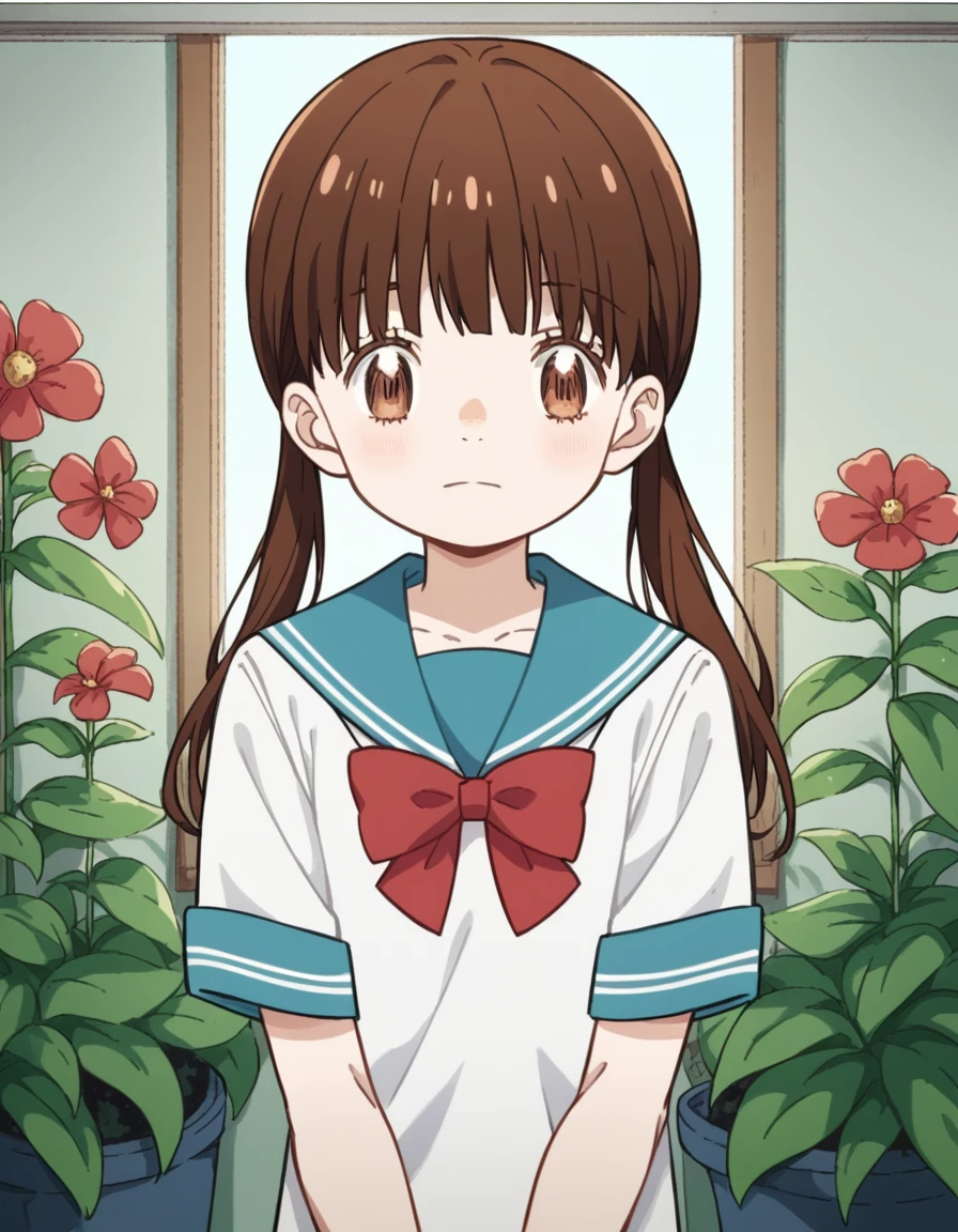 score_9, score_8_up, score_7_up, source_anime, <lora:hinata-kawamoto-s2-ponyxl-lora-nochekaiser:1>, hinata kawamoto, long hair, bangs, brown hair, twintails, brown eyes, low twintails,, shirt, bow, school uniform, white shirt, short sleeves, serafuku, bowtie, sailor collar, red bow, blue sailor collar, red bowtie,, gardening, watering plants, backyard, flowers blooming, sunny day,, , looking at viewer, hands on own chest,, solo,, dutch angle,