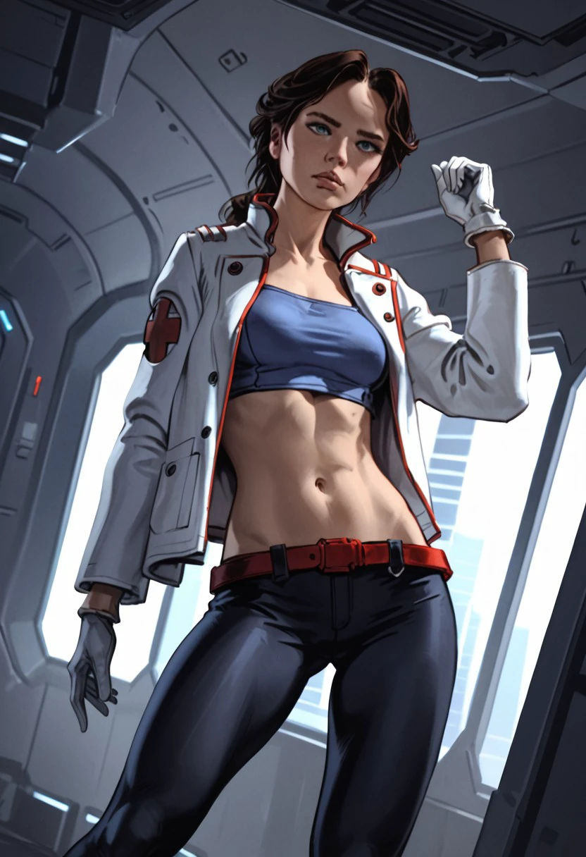 score_9, score_8_up, score_7_up, perfect face, best quality, masterpiece, lisa_caron, 1girl, solo, midriff, navel, blue crop top, red belt, black boots, , medium breasts, white gloves, black leggings, open doctor jacket, standing, cowboy shot,
Detailed background, indoors, spaceship, dynamic angle, ultraHD, ultrarealistic, nightime, futuristic, Expressiveh