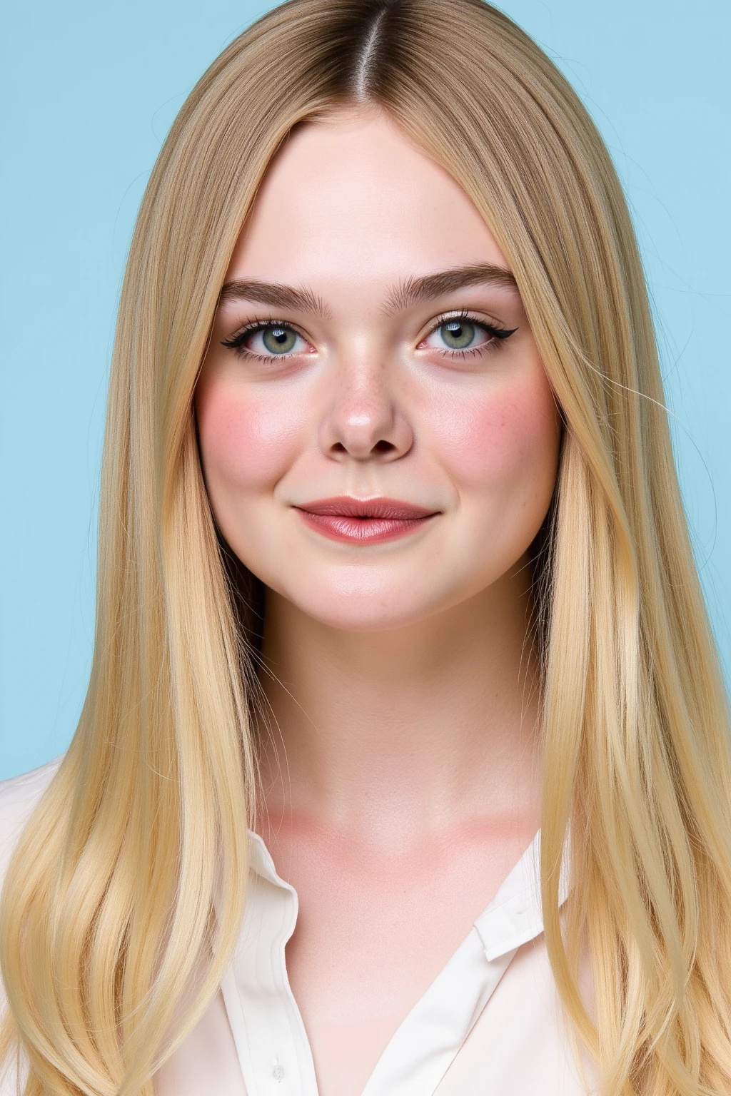 ElleFanning, high quality portrait, long hair, blonde hair, gray eyes, smile, white shirt, pale blue background, detailed eyes, detailed skin texture, skin pores