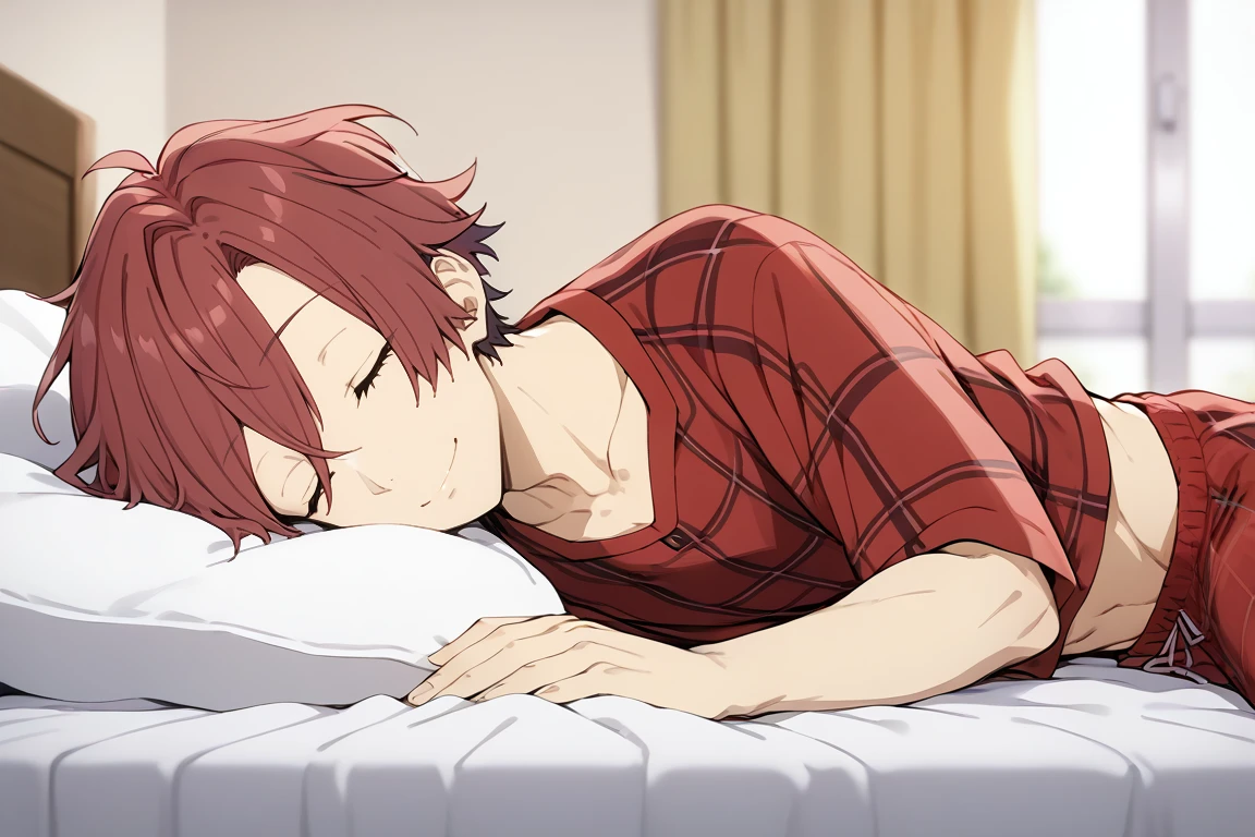 1boy,solo,male focus,smile,akane_yanagi,red eyes,red hair,bedroom,blurry background,sleeping,pajama pants,tartan pants,pajama shirt,exposed_midriff,midriff,sleeping,collarbone,toned male,bed,on bed,bed sheet