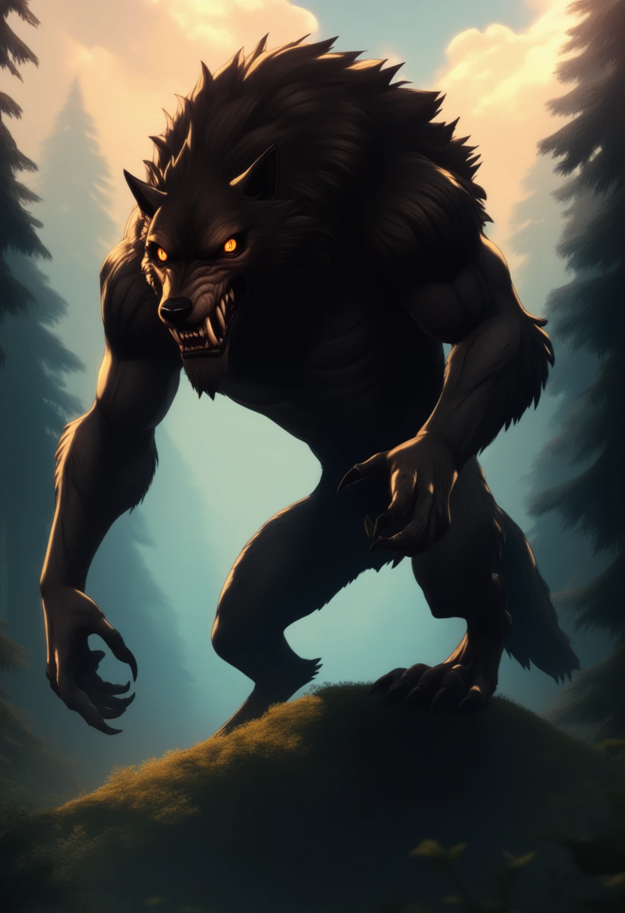 p5style, cel shaded, safe_pos, score_9, score_8_up, score_7_up, 1boy, solo, werewolf, muscular, large fangs, forest, cloudy sky