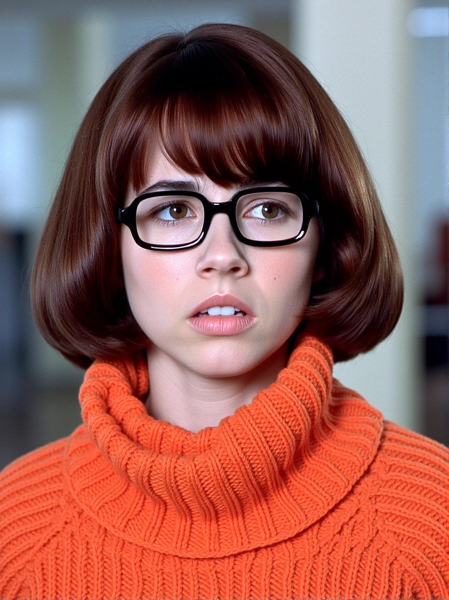 This is a high-resolution photograph of a young woman with a distinctively vintage, 1960s aesthetic. She has a fair complexion and a short, voluminous bob haircut with straight, chestnut brown hair. Her bangs are blunt-cut and frame her forehead. She wears large, black, rectangular glasses that sit slightly askew on her face, giving her a slightly disheveled appearance. Her expression is neutral, with slightly pursed lips and a slightly downward gaze, suggesting a contemplative or thoughtful mood.
The woman is dressed in a bright orange, knitted turtleneck sweater, which has a textured, chunky knit pattern. The sweater appears to be slightly oversized, adding to her retro look. The background is blurred but suggests an indoor setting with soft, diffused light, possibly indicating a studio environment. The lighting is even and natural, highlighting the details of her skin and hair. The overall style of the photograph is reminiscent of classic black-and-white film photography, with a focus on the subject's face and attire, emphasizing the retro fashion and vintage charm of the image. Velma,<lora:Velma_Flux_V1:1>