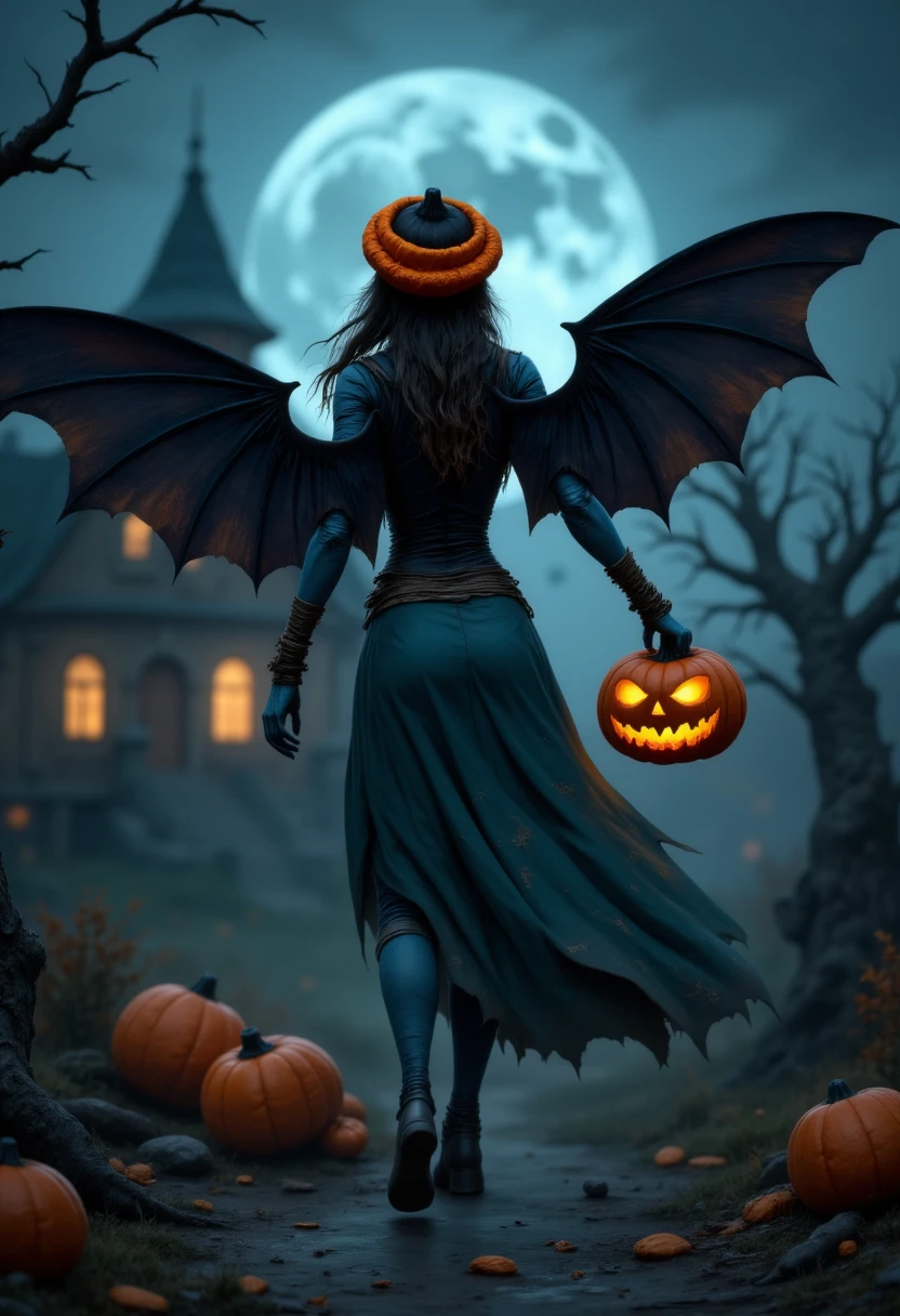 hellguardianoween, wings, blue skin woman , posing for a photo , holding pumpkin, fullbody shot,A dark Halloween night with a spooky, haunted house in the background. A woman flying over a hunted house, with a sense of eerie anticipation in the air., creepy , high quality, looking at the viewers, detailed face, photorealistic effect, 8k, glowing orange eyes. behind view. <lora:FLUX_HellGuardianoween_LoRA:1>