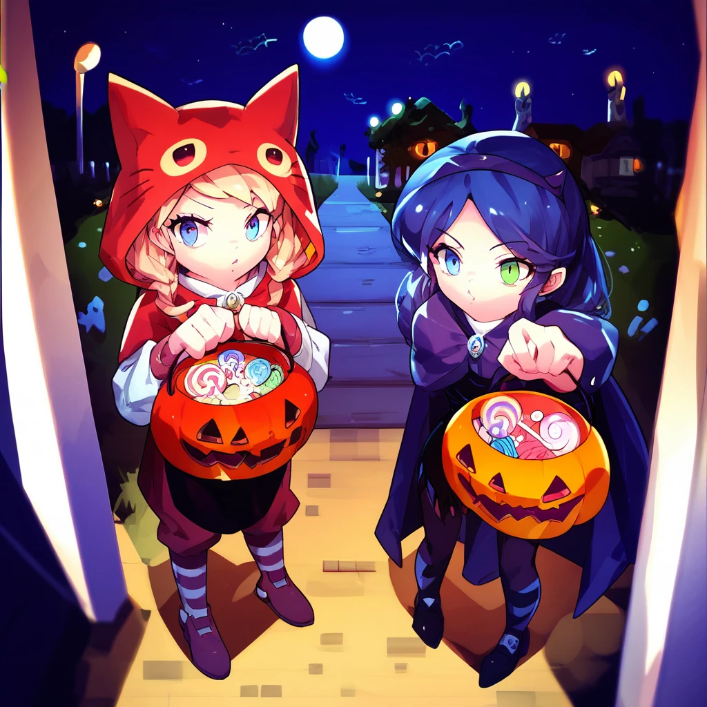 score_9, score_8_up, score_7_up, 2girls, multiple girls, tr1ck0rtr3at, holding, halloween bucket, doorway, street background, candies, halloween costume, night, halloween,