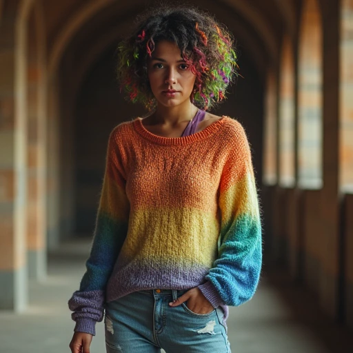 a fitness woman,Stacked Curls in Short Bob,rainbow hair,dressed in a casual oversized sweater with ripped jeans and sneakers,within the halls of eternal echoes,Overdetailed art Best quality ultra sharp intricate details Fine art,Polaroid,studio lighting