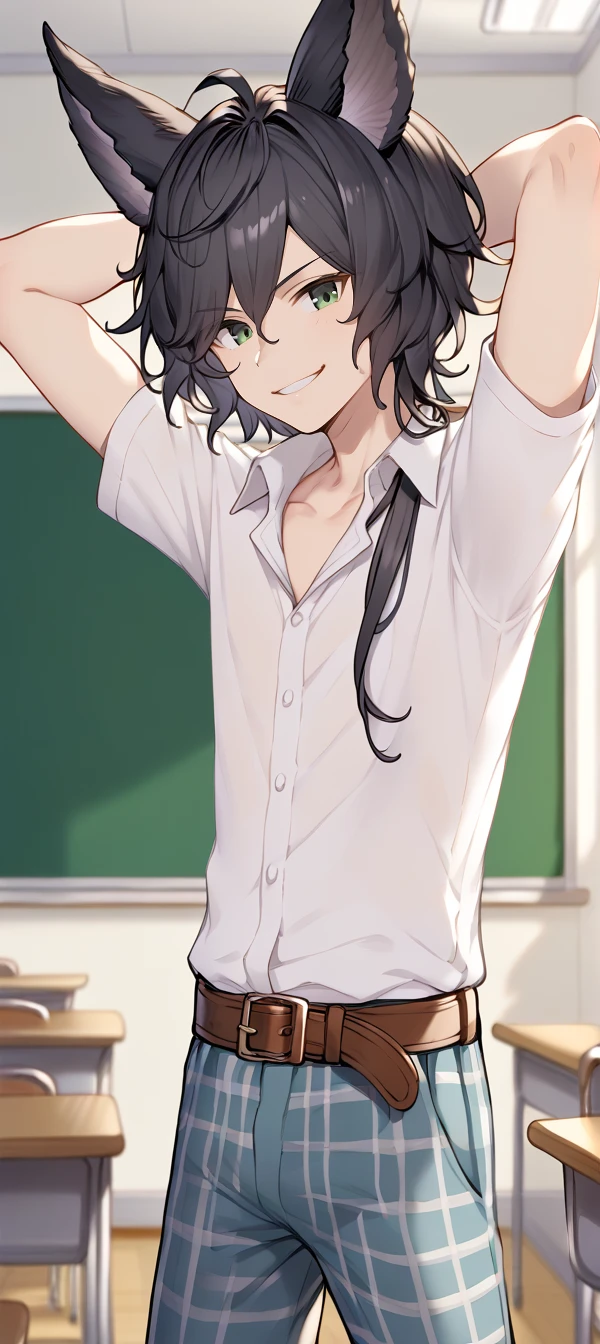 1boy,solo,male focus,smile,collared shirt,tartan pants,belt,collarbone,classroom,blurry background,mordred(granblue),animal ears,black hair,green eyes,erune,big smile,arms behind head