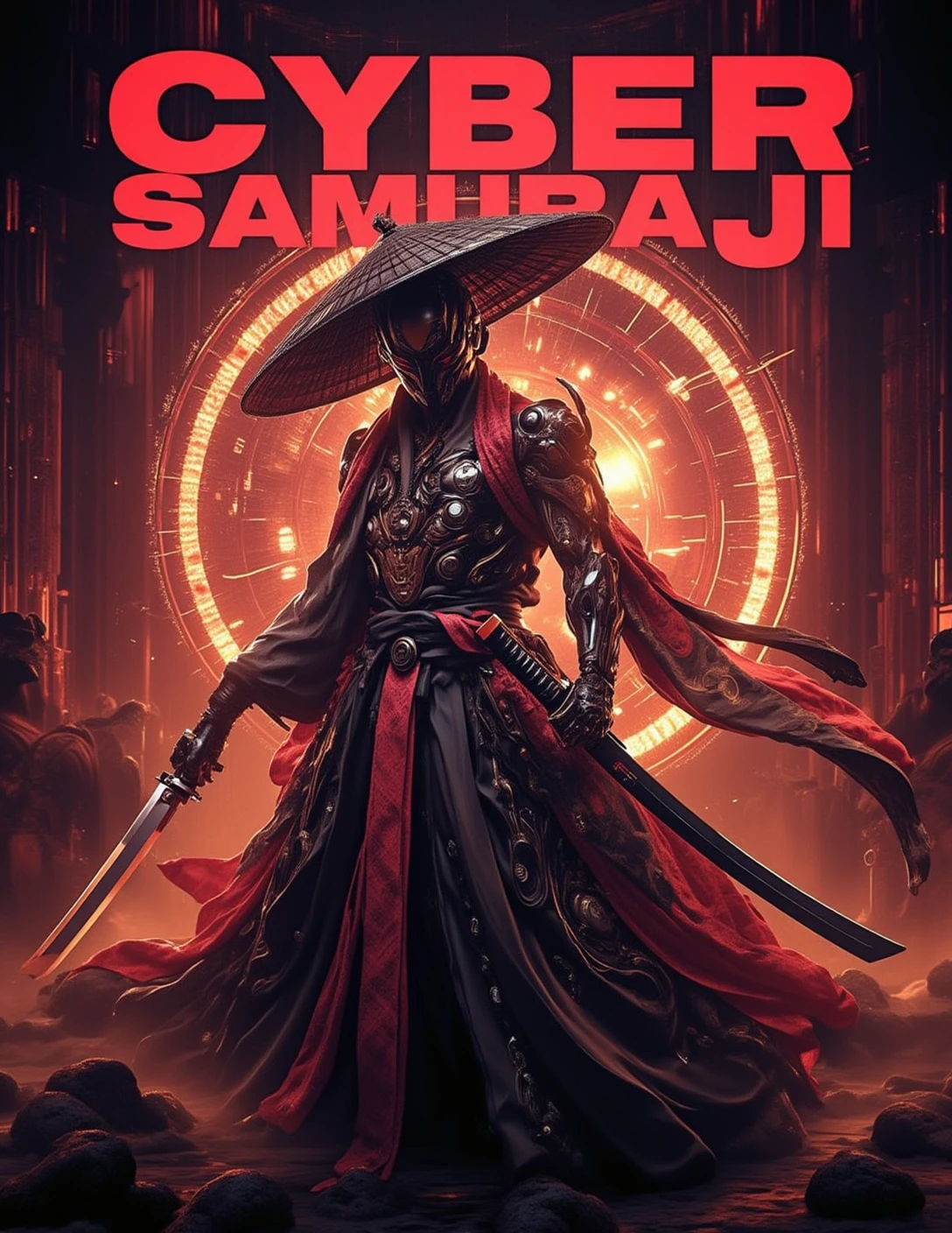 Poster with tittle "CYBER SAMURAJI" in Bold 3d letters on top featuring Vibrant, cinematic kung fu scene, majestic cyber samuraji, powerful pose, radiant, intricate, hyper-realistic 8K resolution, masterfully crafted with extremely sharp details, elaborate textures, award-winning realism, dramatic lighting, intense atmosphere, evoking wonder  and awe.,Cyber_Samuraji