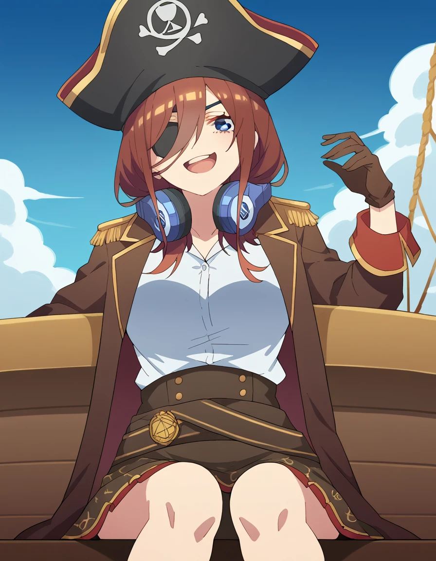 score_9, score_8_up, score_7_up, source_anime, mikunakano, <lora:miku-nakano-s2-ponyxl-lora-nochekaiser:1>, miku nakano, long hair, bangs, blue eyes, brown hair, hair between eyes, headphones, headphones around neck, large breasts,, <lora:pirate-costume-ponyxl-lora-nochekaiser:1>, pirate costume, pirate hat, skirt, gloves, jacket, shirt, eyepatch,, blue sky, sea, ocean, pirate ship, treasure, gold, smug, open mouth, from below, sitting,, cowboy shot