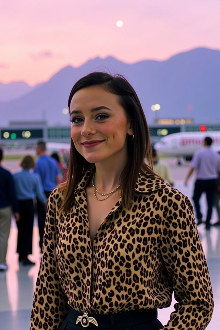 audra miller face, closeup, wearing Animal Print Blouse with Wide-Leg Trousers – a leopard print blouse tucked into wide-leg trousers, creating a stylish and on-trend ensemble, at background Busy airport terminal and travelers, A hazy sunrise with soft pink and purple hues gradually illuminating a peaceful mountain range, as mist rises from the valley below,
<lora:flux_audra_miller_1:1.0>