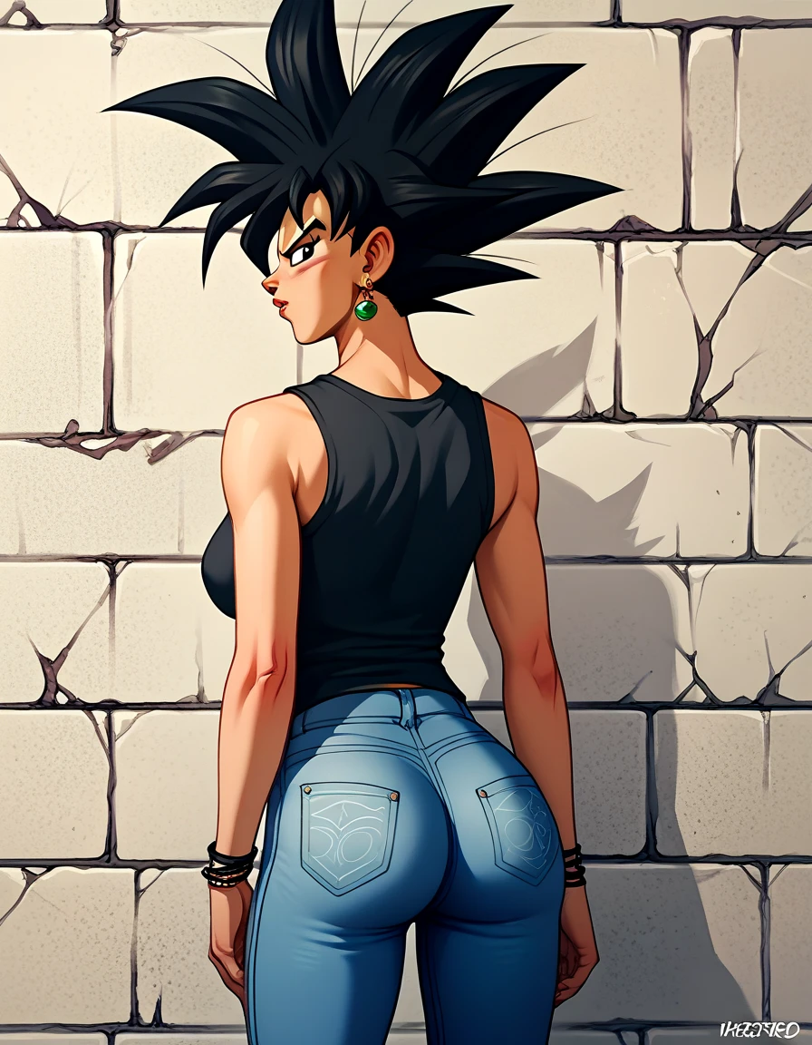 zPDXL3, score_9, score_8_up, score_7_up, score_6_up, score_5_up, score_4_up, highres, incredibly absurdres, highly detailed, outdoors, 1girl, solo, <lora:Goku_Black:0.6> goku black, black hair, spiked hair, black eyes, single earring, black tank top, jeans, from behind, looking back, looking at viewer,  <lora:Yugioh_Duel_Monsters:0.7>