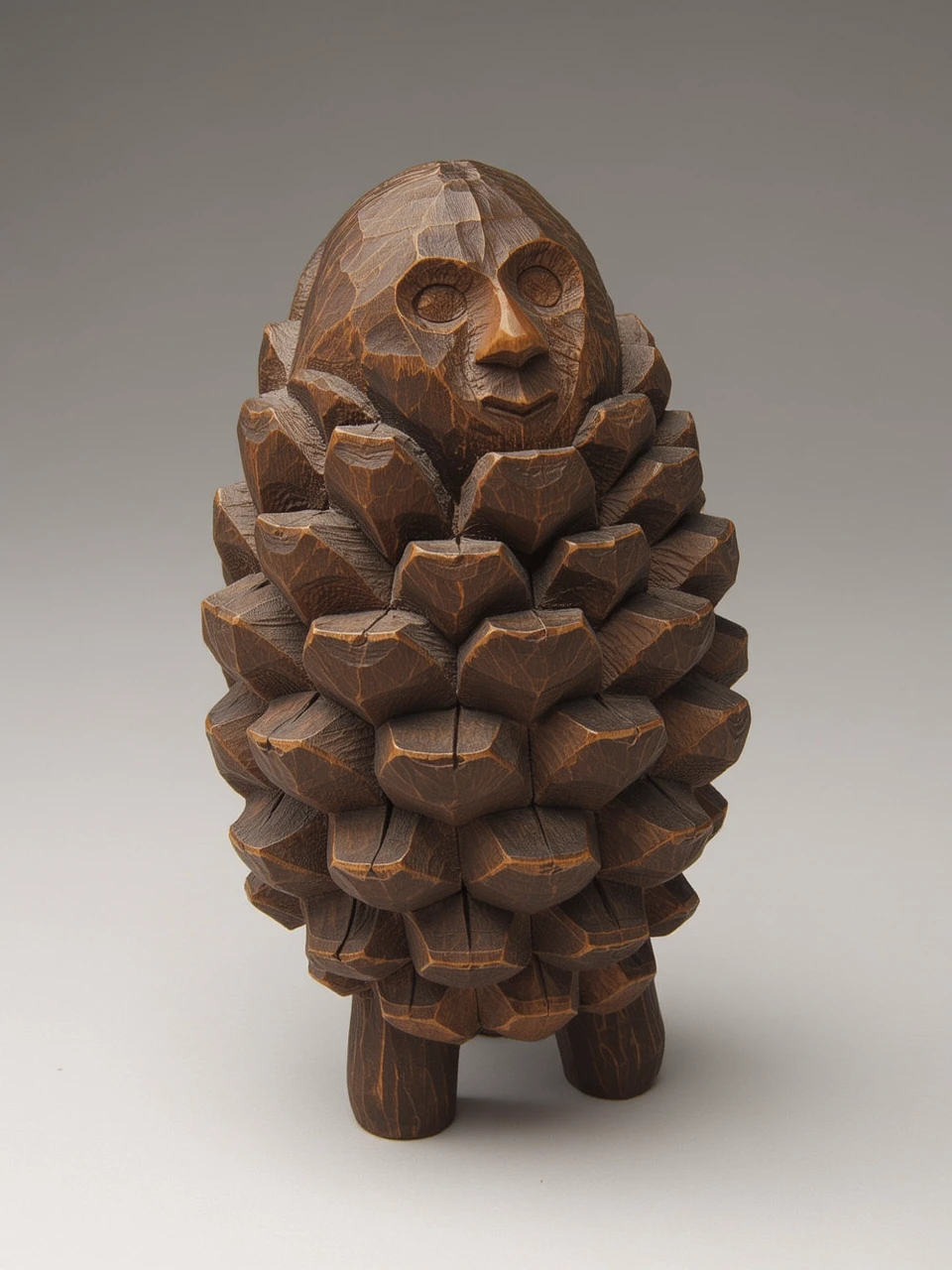 w00dn carving, cute pine cone with a face and arms and legs, the pinecone made from a dark wood
