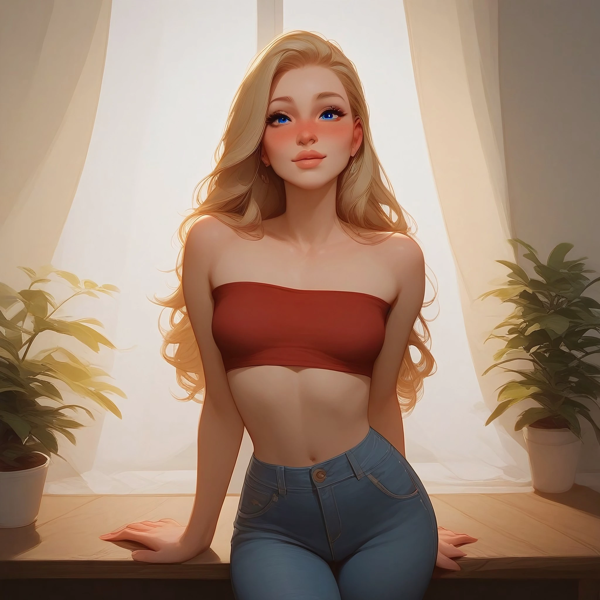 safe_pos, safe_pos, (score_9, score_8_up, score_7_up), (Amelie, blue eyes, blonde long hair, perfect body, graceful body), solo, young adult, cute face, slender, nice curves, medium breasts, natural breasts, medium ass, nose blush, hot, sexy, standing pose, face light, mouth, lips, nose,  easynegative, Expressiveh, zPDXL3, slim fit blue jeans, high raise jeans, red crop top, dining room, wood floor, wood table, plants, windows, curtains, add detailed