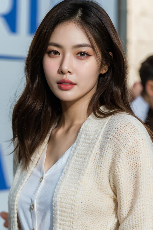 masterpiece, best quality, ultra-detailed, ultra high res, (photorealistic:1.4), raw photo, (realistic:0.2), 8k HDR, realistic cool temperature lighting, (asian:0.2), 1girl, solo, asymmetrical hair, outdoor, day, (fashion show event:1.2), bokeh, (detailed lips), (detailed pores), (detailed skin textures), (detailed face:1.2), (upper body:1.2), a woman in a white cardigan, promotional image, a character portrait,