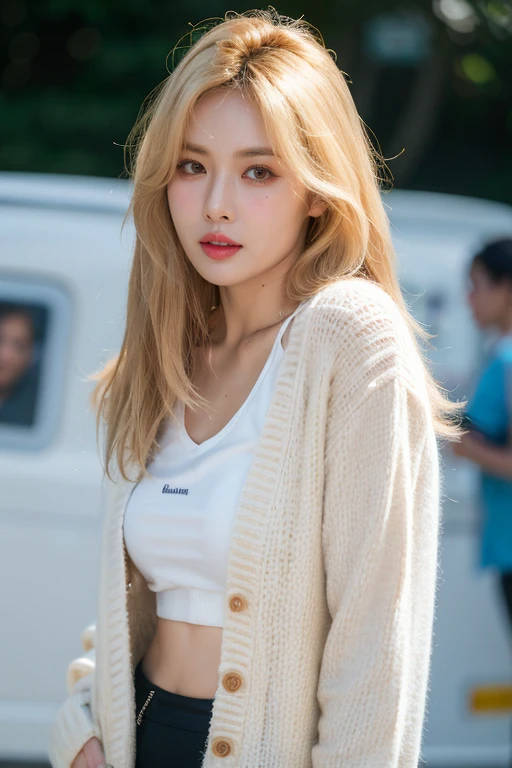 masterpiece, best quality, ultra-detailed, ultra high res, (photorealistic:1.4), raw photo, (realistic:0.2), 8k HDR, realistic cool temperature lighting, (asian:0.2), 1girl, solo, asymmetrical platinum blonde hair, outdoor, day, (fashion show event:1.2), bokeh, (detailed lips), (detailed pores), (detailed skin textures), (detailed face:1.2), (upper body:1.2), a woman in a white cardigan, promotional image, a character portrait,